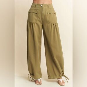 🟠381B. Adjustable Hem Denim Balloon Pants - Olive